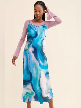 Pietro Brunelli Blue and Pink Marble Slip Midi Dress